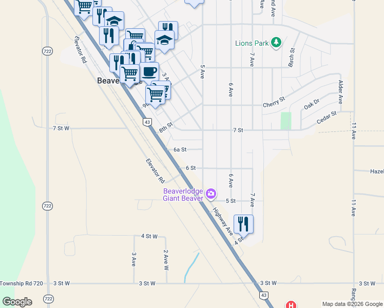 map of restaurants, bars, coffee shops, grocery stores, and more near 116 6A Street in Beaverlodge