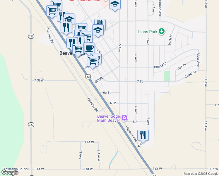 map of restaurants, bars, coffee shops, grocery stores, and more near 116 6A Street in Beaverlodge