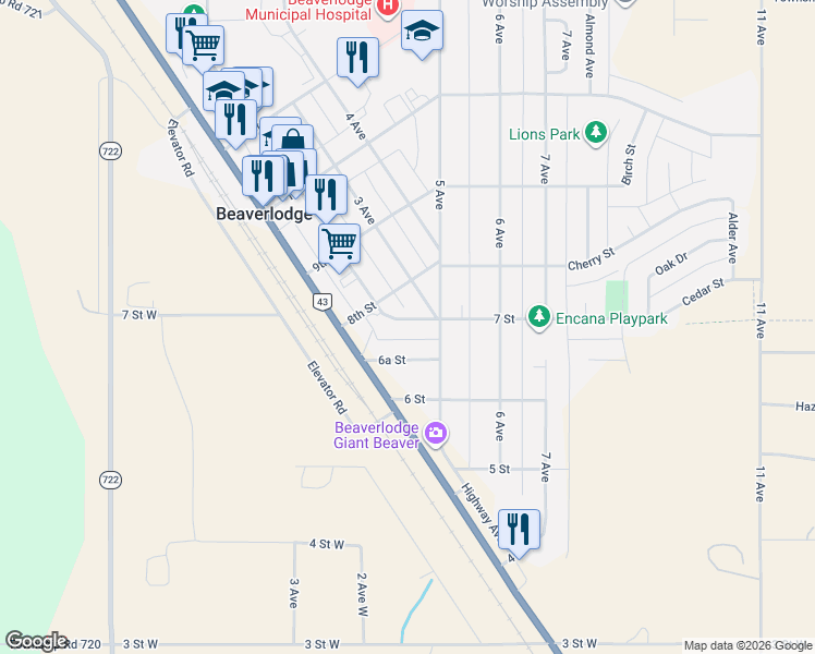 map of restaurants, bars, coffee shops, grocery stores, and more near 701 3 Avenue in Beaverlodge