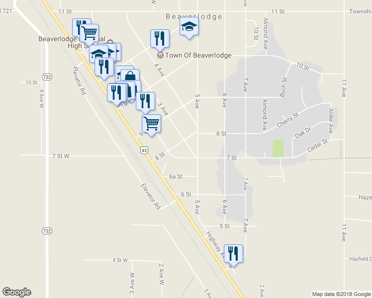 map of restaurants, bars, coffee shops, grocery stores, and more near 701 3 Avenue in Beaverlodge