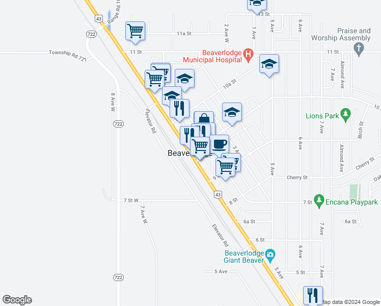 map of restaurants, bars, coffee shops, grocery stores, and more near in Beaverlodge