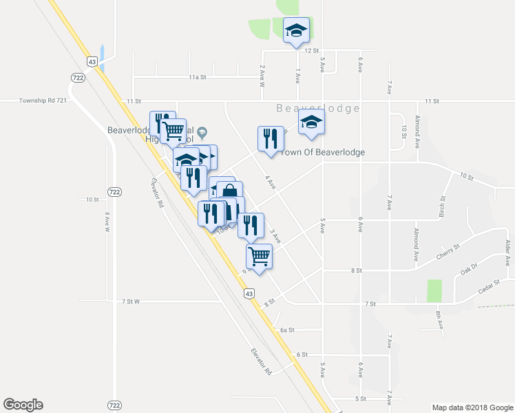 map of restaurants, bars, coffee shops, grocery stores, and more near 302 10 Street in Beaverlodge