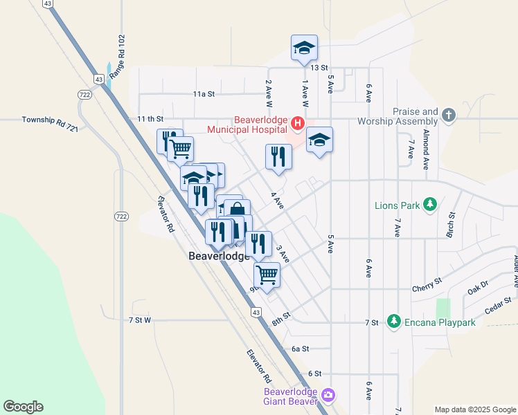 map of restaurants, bars, coffee shops, grocery stores, and more near 302 10 Street in Beaverlodge