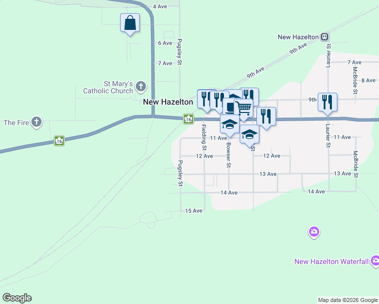 map of restaurants, bars, coffee shops, grocery stores, and more near 4225 12 Avenue in New Hazelton