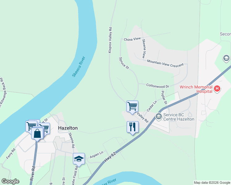 map of restaurants, bars, coffee shops, grocery stores, and more near Kispiox Valley Road in Hazelton