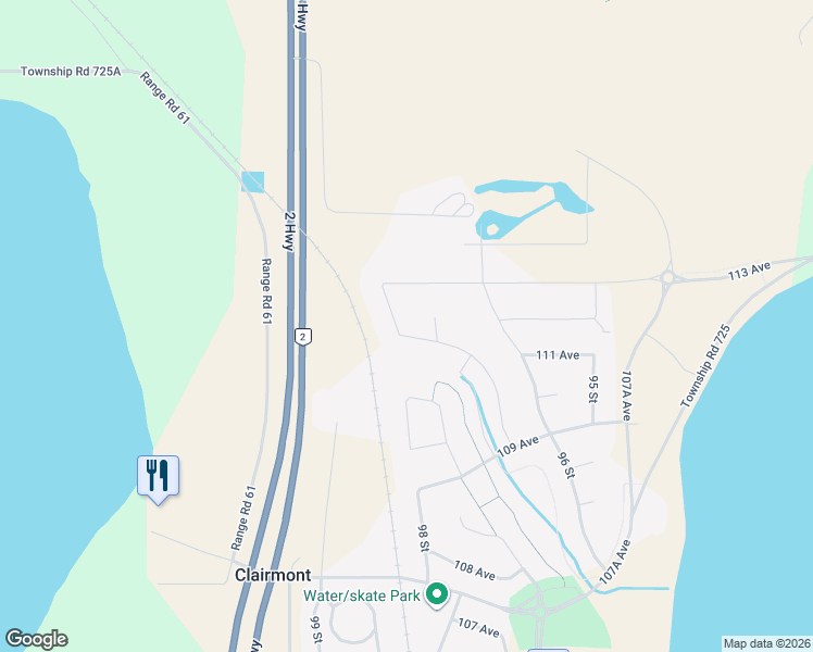map of restaurants, bars, coffee shops, grocery stores, and more near 11203 98 Street in Clairmont