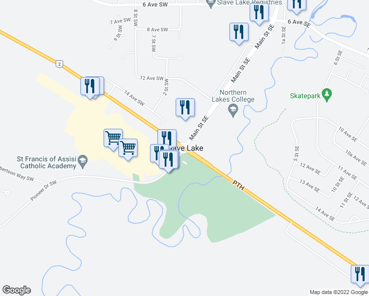 map of restaurants, bars, coffee shops, grocery stores, and more near in Slave Lake