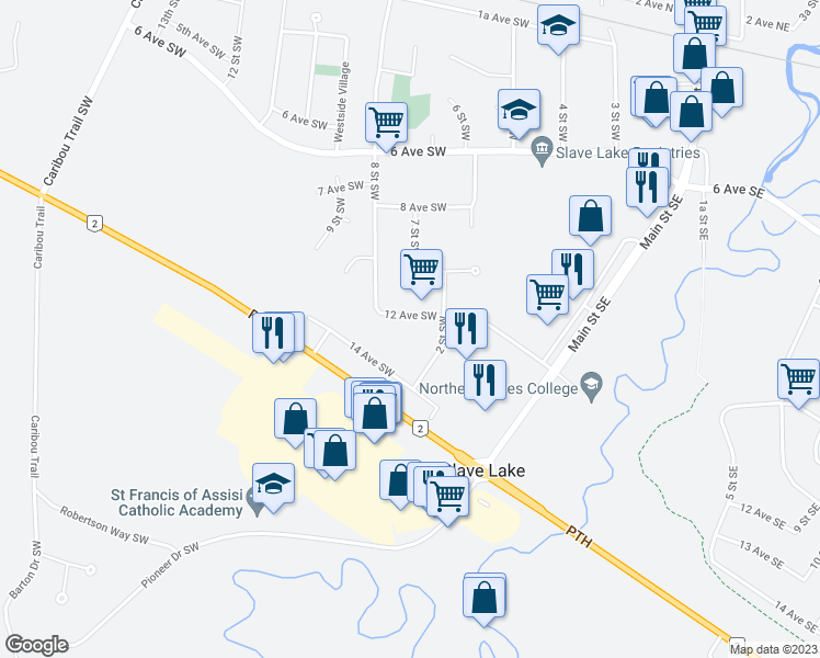 map of restaurants, bars, coffee shops, grocery stores, and more near 205 12 Avenue Southwest in Slave Lake