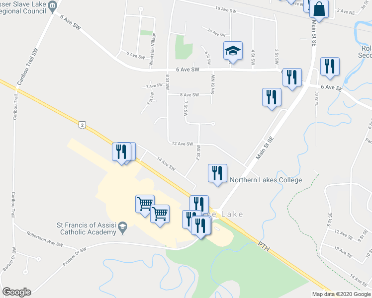 map of restaurants, bars, coffee shops, grocery stores, and more near 400 14 Avenue Southwest in Slave Lake