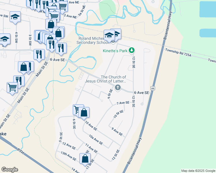 map of restaurants, bars, coffee shops, grocery stores, and more near 709 6 Avenue Southeast in Slave Lake
