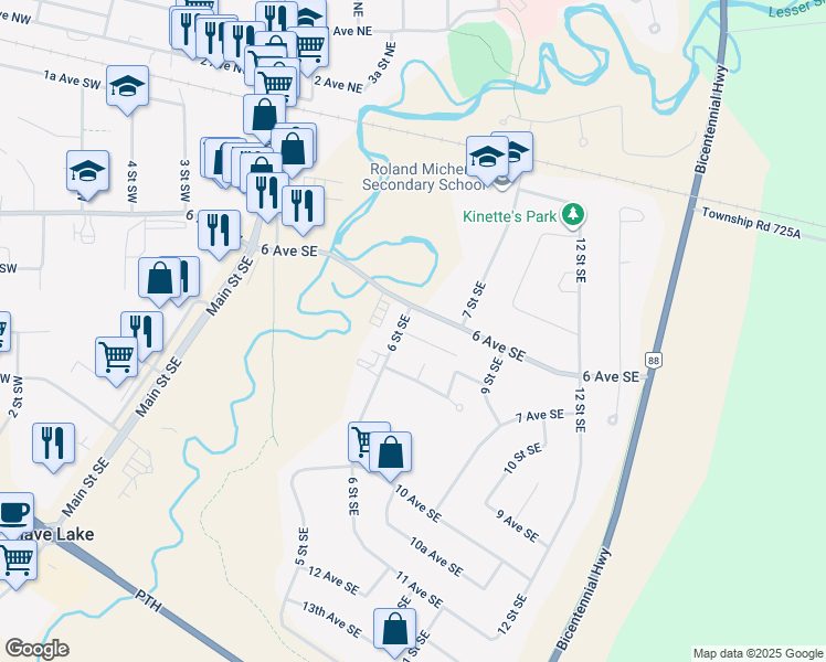 map of restaurants, bars, coffee shops, grocery stores, and more near 613 6 Street Southeast in Slave Lake