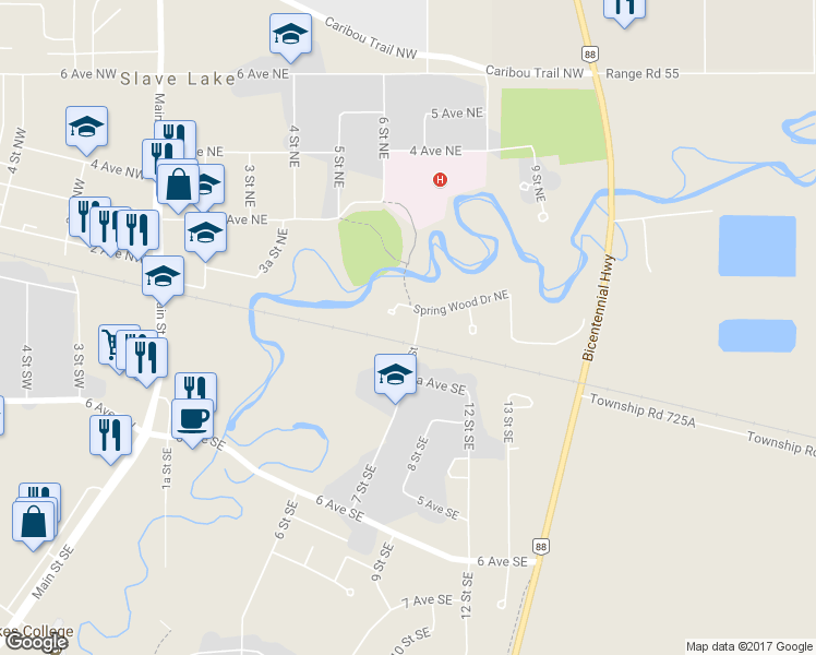 map of restaurants, bars, coffee shops, grocery stores, and more near 100 7 Street in Slave Lake