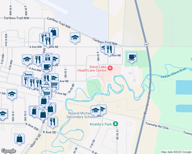 map of restaurants, bars, coffee shops, grocery stores, and more near 516 3 Avenue Northeast in Slave Lake