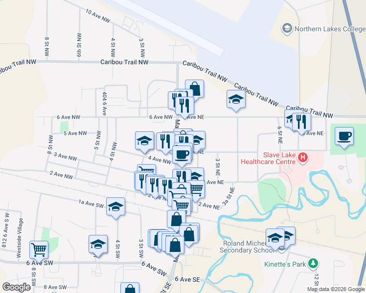 map of restaurants, bars, coffee shops, grocery stores, and more near 401 Main Street Southeast in Slave Lake