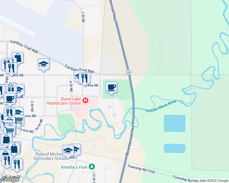map of restaurants, bars, coffee shops, grocery stores, and more near 1400 6 Avenue Northeast in Slave Lake