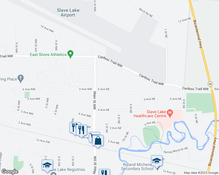 map of restaurants, bars, coffee shops, grocery stores, and more near 116 6 Avenue Northeast in Slave Lake