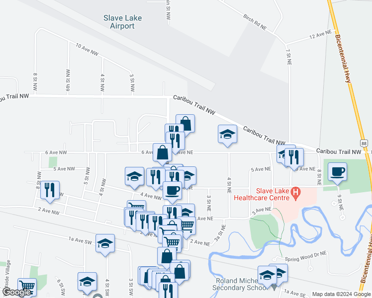 map of restaurants, bars, coffee shops, grocery stores, and more near 108 B 6 Avenue Northeast in Slave Lake