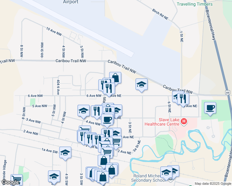 map of restaurants, bars, coffee shops, grocery stores, and more near 116 6 Avenue Northeast in Slave Lake