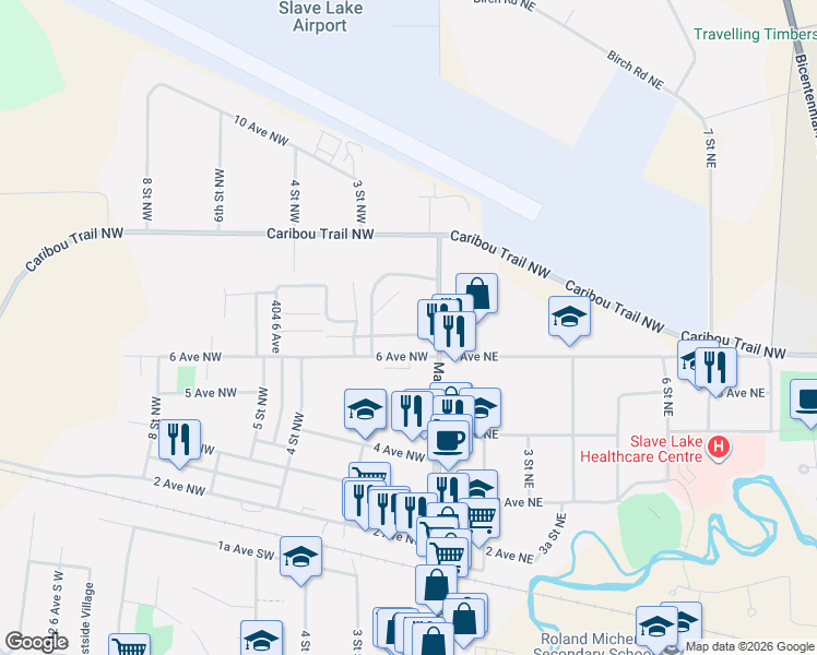 map of restaurants, bars, coffee shops, grocery stores, and more near 104 6 Avenue Northwest in Slave Lake