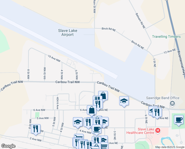 map of restaurants, bars, coffee shops, grocery stores, and more near Main Street Northwest in Slave Lake