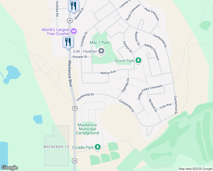 map of restaurants, bars, coffee shops, grocery stores, and more near 27 Manson Crescent in Mackenzie