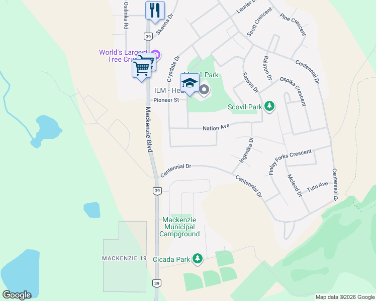 map of restaurants, bars, coffee shops, grocery stores, and more near 13 Manson Crescent in Mackenzie