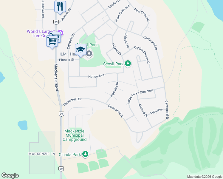 map of restaurants, bars, coffee shops, grocery stores, and more near 19 Ingenika Drive in Mackenzie