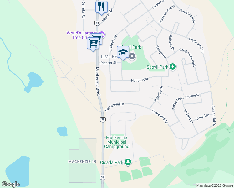map of restaurants, bars, coffee shops, grocery stores, and more near 9 Manson Crescent in Mackenzie