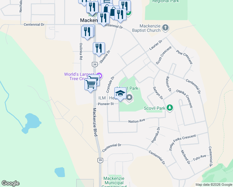 map of restaurants, bars, coffee shops, grocery stores, and more near 25 Heather Crescent in Mackenzie