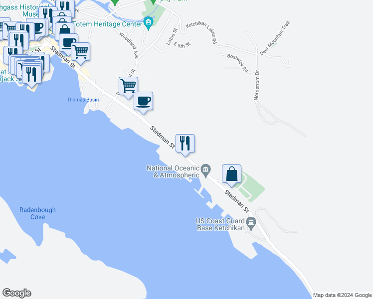 map of restaurants, bars, coffee shops, grocery stores, and more near 957 Stedman Street in Ketchikan