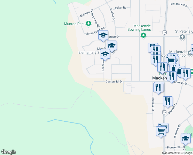 map of restaurants, bars, coffee shops, grocery stores, and more near 111 Summit Crescent in Mackenzie