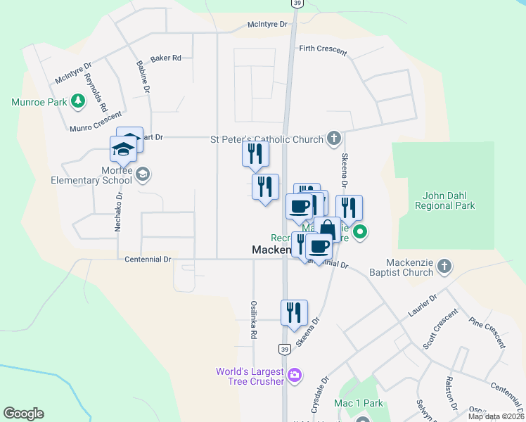 map of restaurants, bars, coffee shops, grocery stores, and more near 520 Mackenzie Boulevard in Mackenzie
