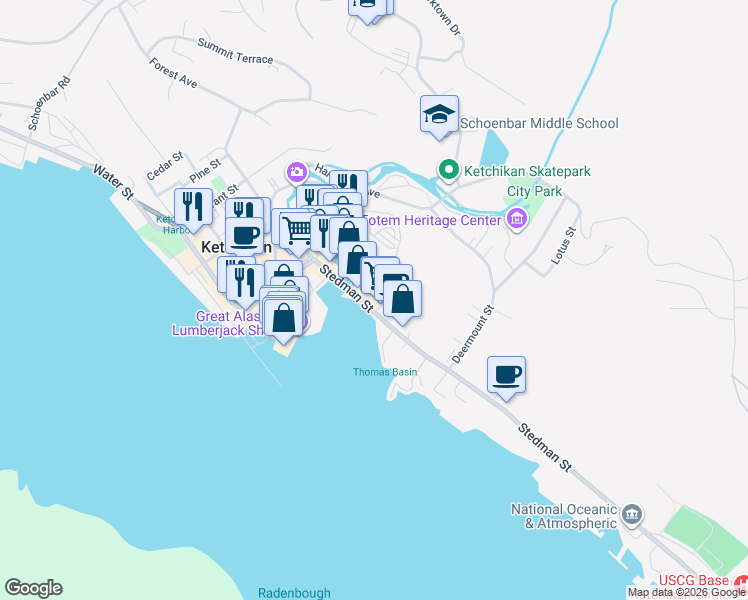 map of restaurants, bars, coffee shops, grocery stores, and more near 301-305 Stedman Street in Ketchikan