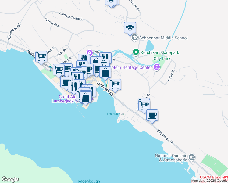 map of restaurants, bars, coffee shops, grocery stores, and more near 301-305 Stedman Street in Ketchikan
