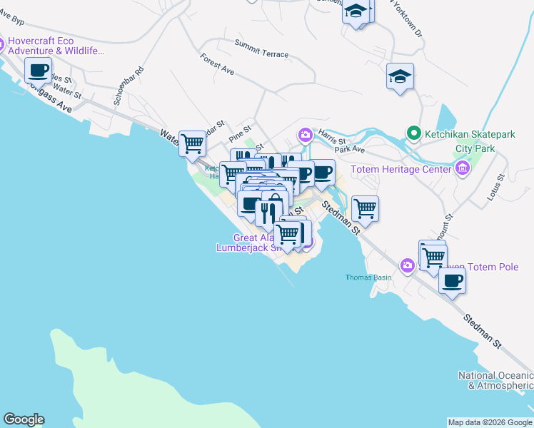 map of restaurants, bars, coffee shops, grocery stores, and more near 126 Main Street in Ketchikan