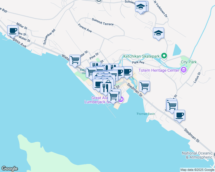 map of restaurants, bars, coffee shops, grocery stores, and more near 150 Main Street in Ketchikan