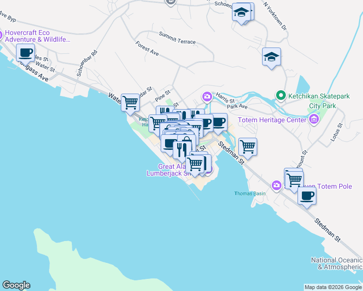 map of restaurants, bars, coffee shops, grocery stores, and more near 126 Main Street in Ketchikan