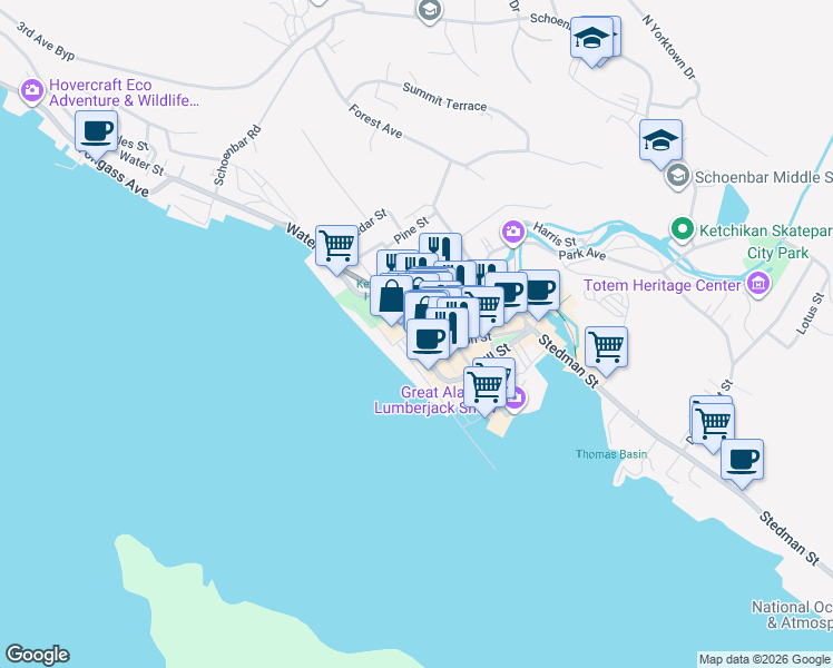 map of restaurants, bars, coffee shops, grocery stores, and more near in Ketchikan