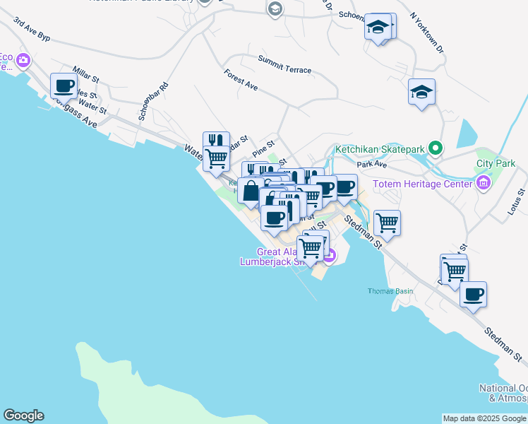 map of restaurants, bars, coffee shops, grocery stores, and more near in Ketchikan