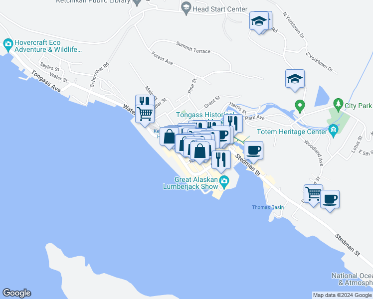 map of restaurants, bars, coffee shops, grocery stores, and more near 320 Dock Street in Ketchikan