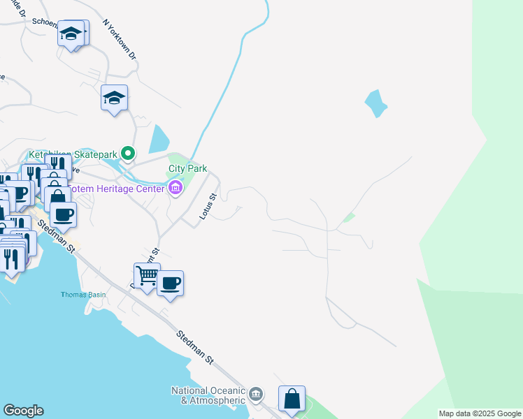 map of restaurants, bars, coffee shops, grocery stores, and more near 1292 Ketchikan Lakes Road in Ketchikan