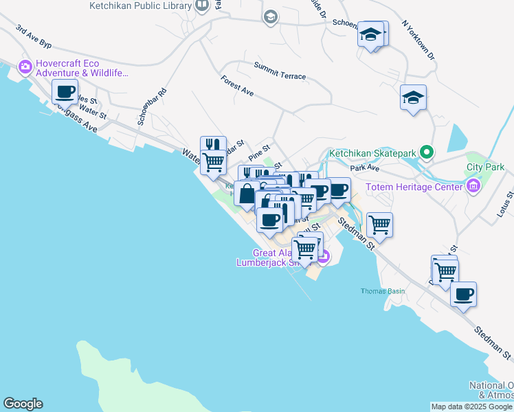map of restaurants, bars, coffee shops, grocery stores, and more near in Ketchikan