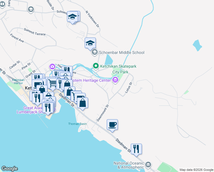 map of restaurants, bars, coffee shops, grocery stores, and more near 619 Nickey Way in Ketchikan