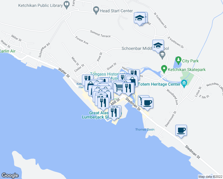 map of restaurants, bars, coffee shops, grocery stores, and more near 303 Bawden St in Ketchikan