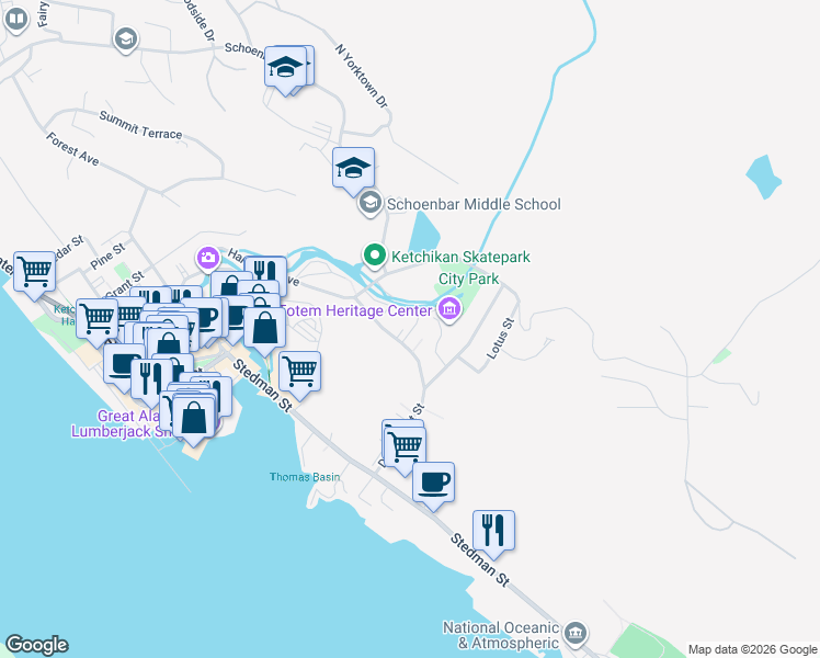 map of restaurants, bars, coffee shops, grocery stores, and more near 619 Nickey Way in Ketchikan