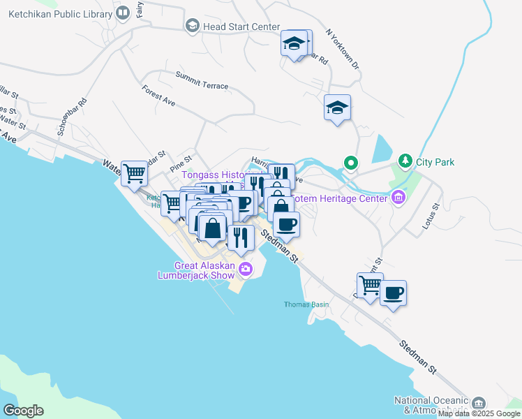 map of restaurants, bars, coffee shops, grocery stores, and more near 5 Creek Street in Ketchikan
