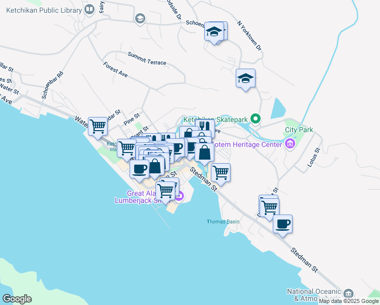 map of restaurants, bars, coffee shops, grocery stores, and more near 5 Creek Street in Ketchikan