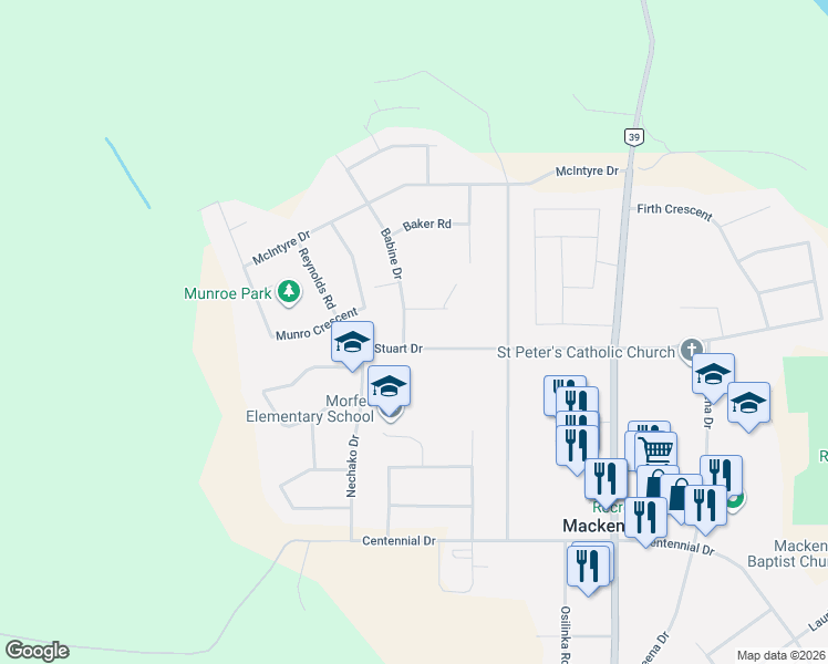 map of restaurants, bars, coffee shops, grocery stores, and more near 504 Babine Drive in Mackenzie