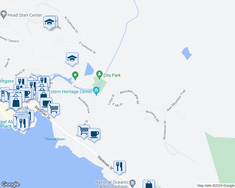 map of restaurants, bars, coffee shops, grocery stores, and more near 1293 Ketchikan Lakes Road in Ketchikan
