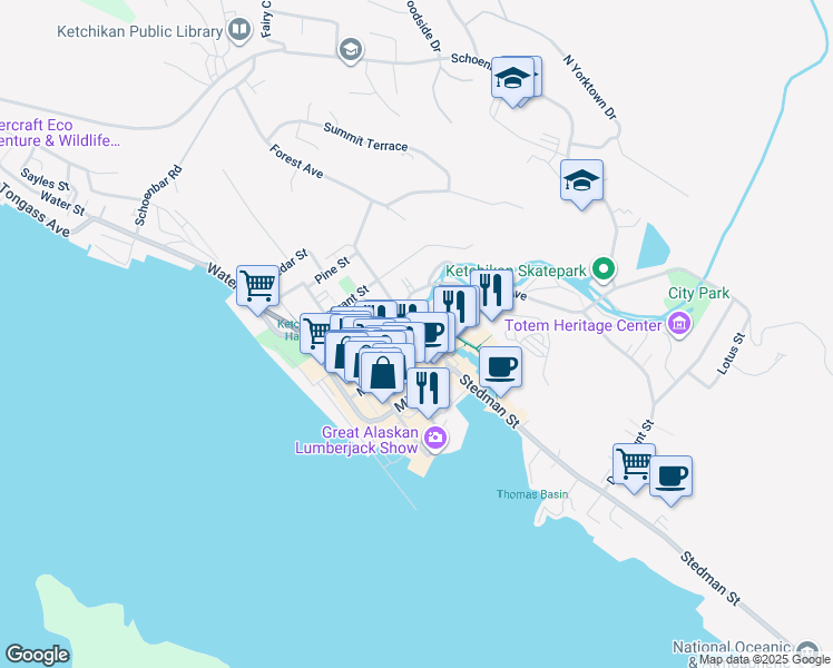 map of restaurants, bars, coffee shops, grocery stores, and more near 303 Bawden Street in Ketchikan